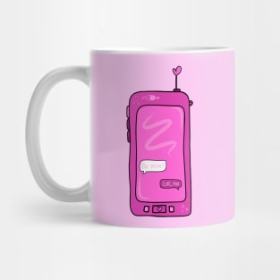 Text Conversation Speech Bubbles on Retro Pink Cell Phone that says “Be Mine?” With “Lol, no” replied, made by EndlessEmporium Mug